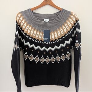 NWT Crown & Ivy Nordic Sweater Womens L Fair Isle Black Gold Iceland Scandinavia